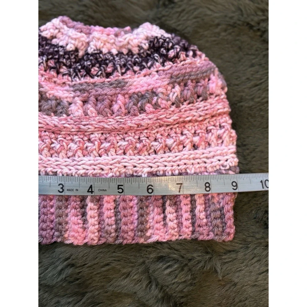Handmade Crocheted Knit Ponytail Beanie Pink/Black Adult SzLogo Bella‎ Creations